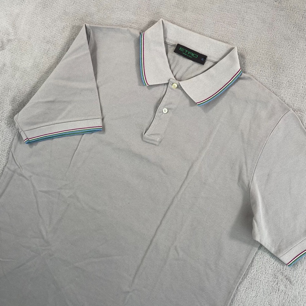 ETRO Polo Shirt Men XL Grey Multi Colored Collar & Sleeves Italy Made NWOT $350